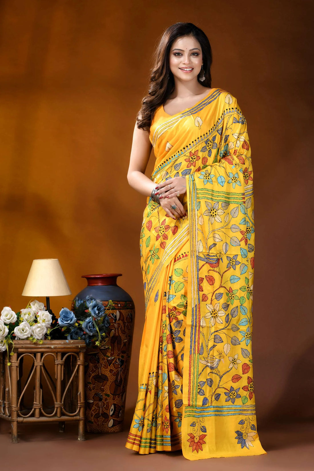 Sunshine yellow bird design handcrafted silk kantha stitch saree vibrant yellow saree adorned intricate 1