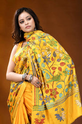 Sunshine yellow bird design handcrafted silk kantha stitch saree vibrant yellow saree intricate floral 2