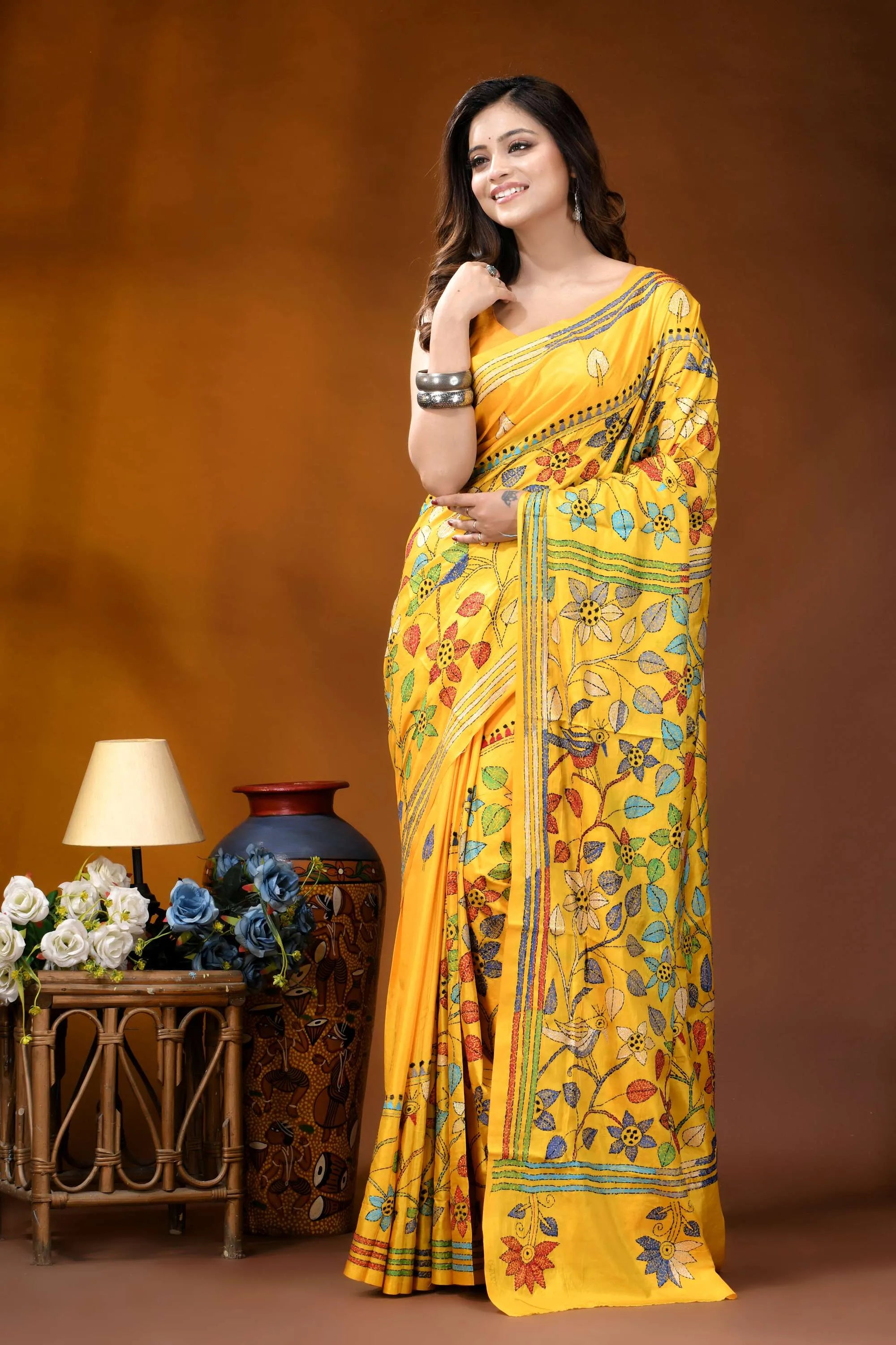 Sunshine yellow bird design handcrafted silk kantha stitch saree vibrant yellow saree adorned intricate 6