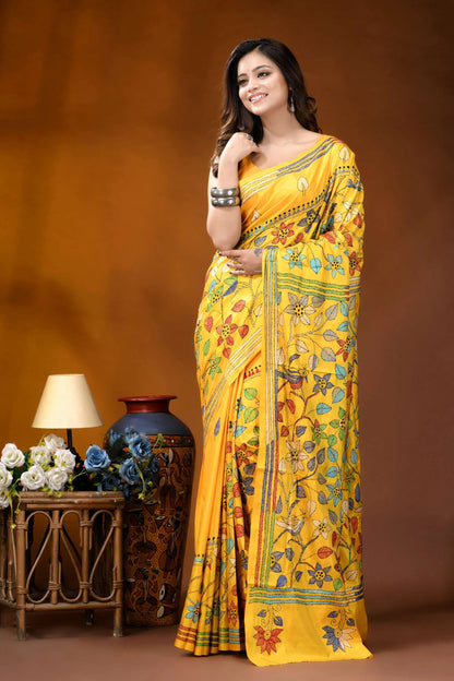 Sunshine yellow bird design handcrafted silk kantha stitch saree vibrant yellow saree adorned intricate 6