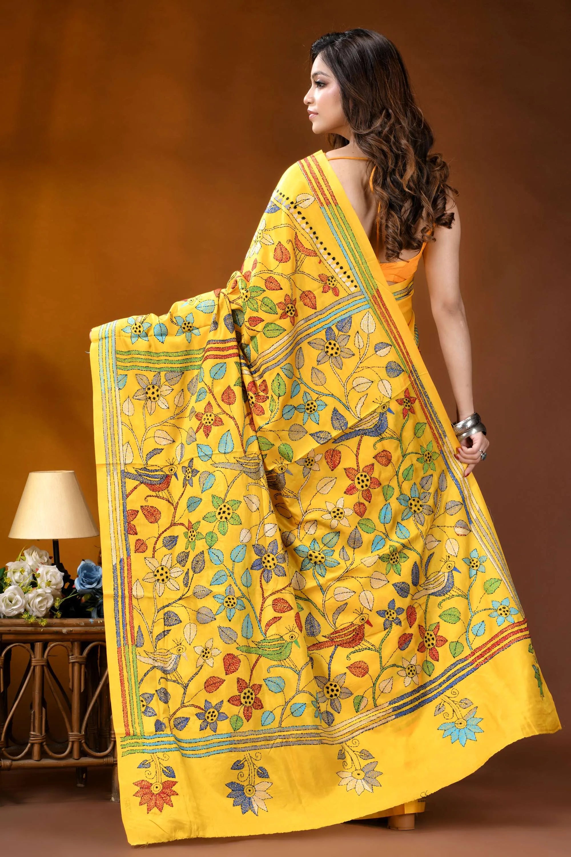 Sunshine yellow bird design handcrafted silk kantha stitch saree vibrant yellow hand-block printed saree 4