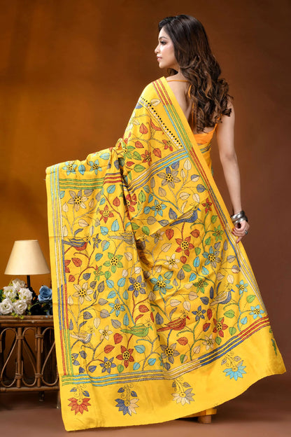 Sunshine yellow bird design handcrafted silk kantha stitch saree vibrant yellow hand-block printed saree 4