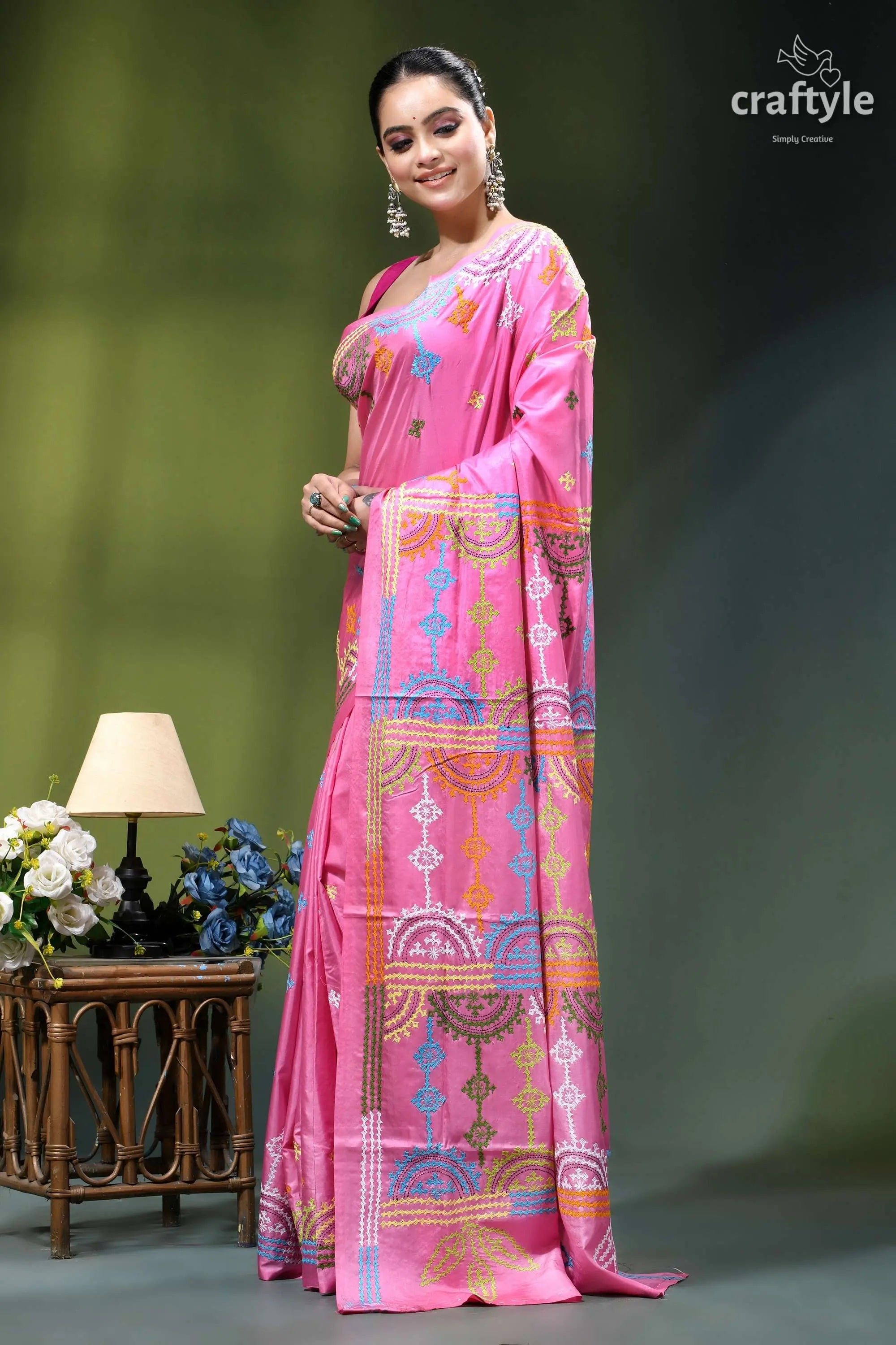 Super pink multi-thread silk gujrati stitch saree - elegant ethnic wear vibrant pink saree intricate geometric 3