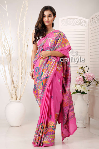 Super Pink Multicolor Silk Kantha Stitch Saree - Craftyle