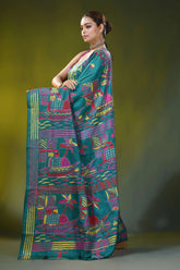Surfie green hand embroidery silk kantha saree in boat motif design 3