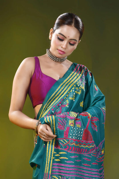Surfie green hand embroidery silk kantha saree in boat motif design 2