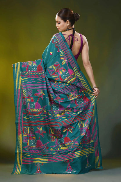 Surfie green hand embroidery silk kantha saree in boat motif design 5