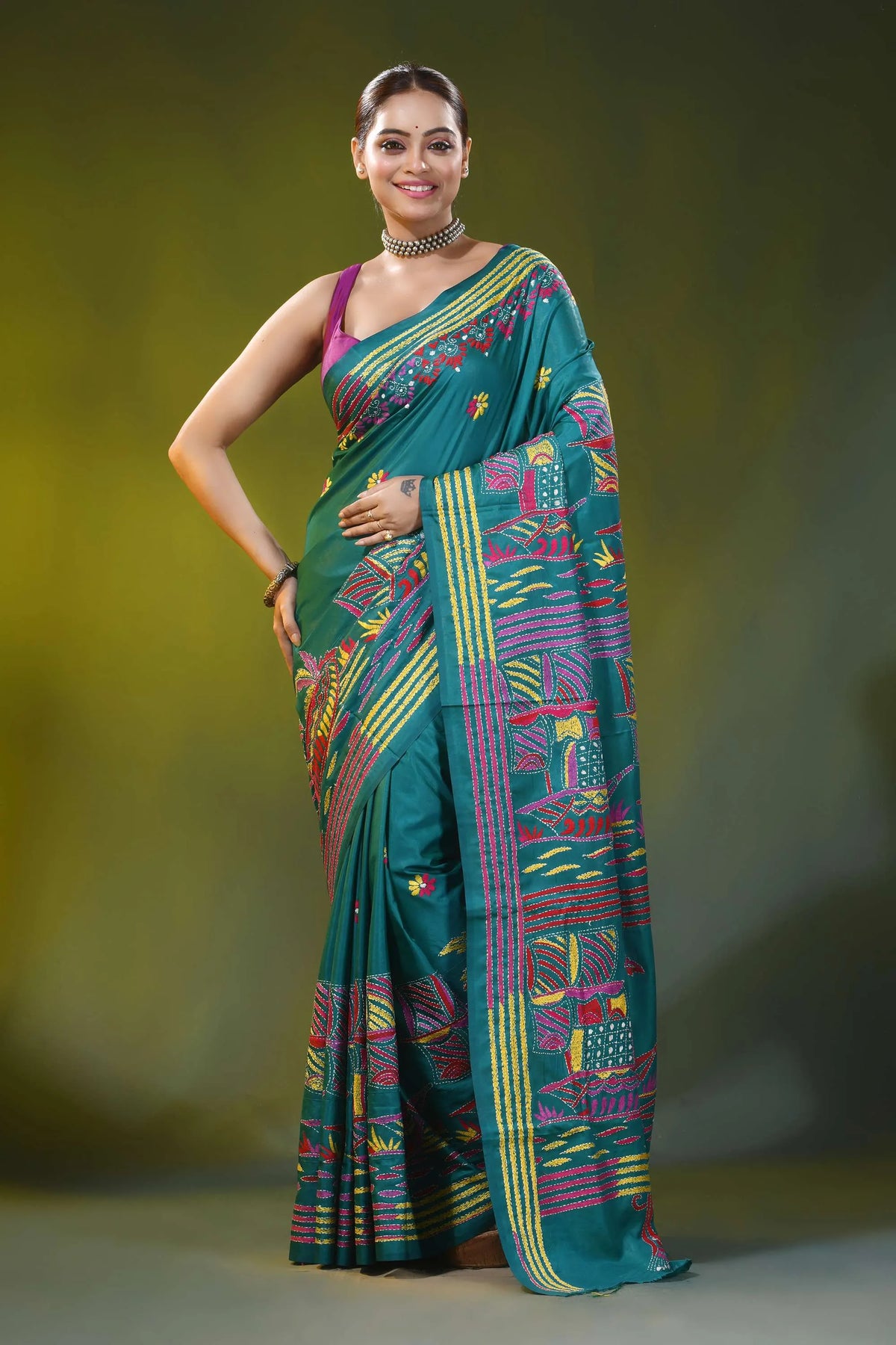Surfie green hand embroidery silk kantha saree in boat motif design 6