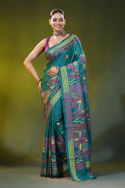 Surfie green hand embroidery silk kantha saree in boat motif design 6