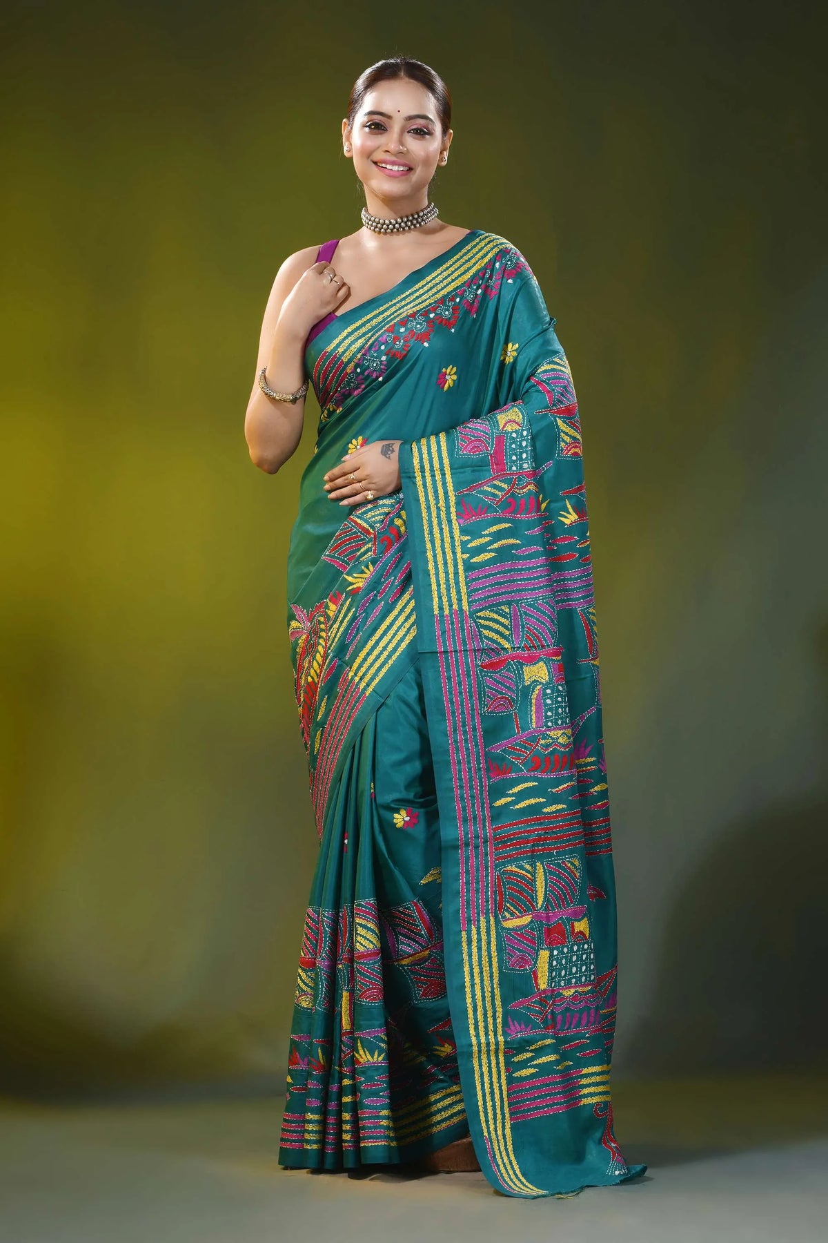 Surfie green hand embroidery silk kantha saree in boat motif design 1