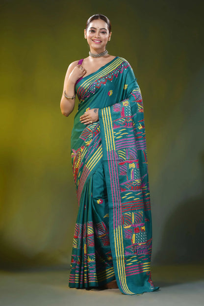 Surfie green hand embroidery silk kantha saree in boat motif design 1