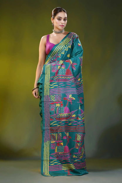 Surfie green hand embroidery silk kantha saree in boat motif design 4