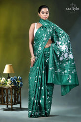 Surfie green white thread floral exquisite silk kantha saree emerald green saree white floral 5