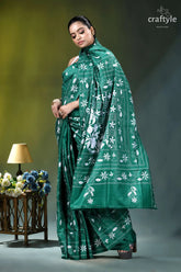Surfie green white thread floral exquisite silk kantha saree emerald green saree intricate white 6