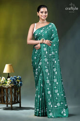 Surfie green white thread floral exquisite silk kantha saree emerald green saree intricate white 7