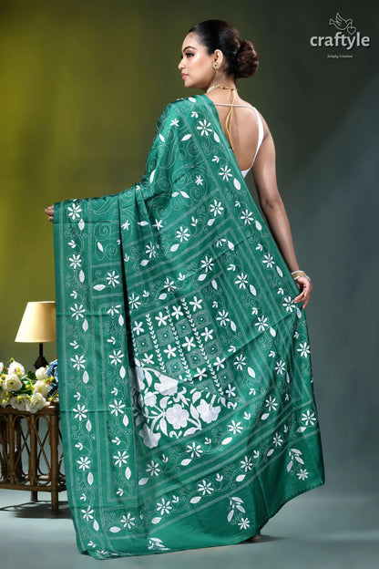 Surfie green white thread floral exquisite silk kantha saree emerald green saree intricate white 4