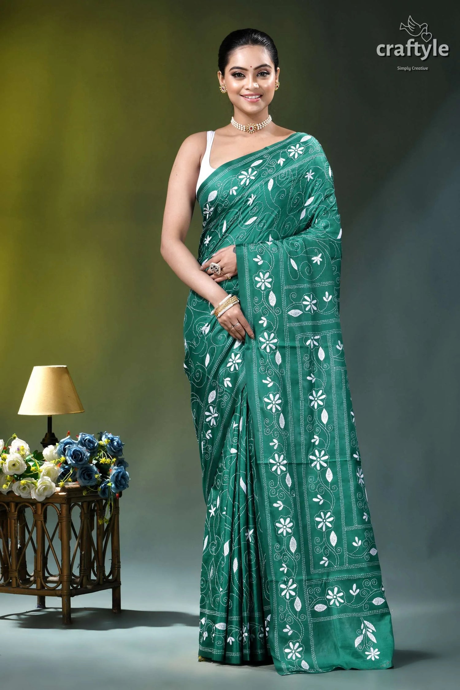 Surfie green white thread floral exquisite silk kantha saree emerald green saree intricate white 1