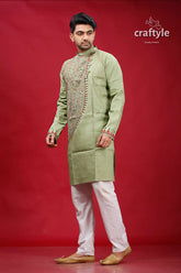 Swamp green kantha stitch cotton kurta for men light embroidered intricate 3