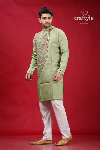 Swamp green kantha stitch cotton kurta for men light embroidered intricate 3