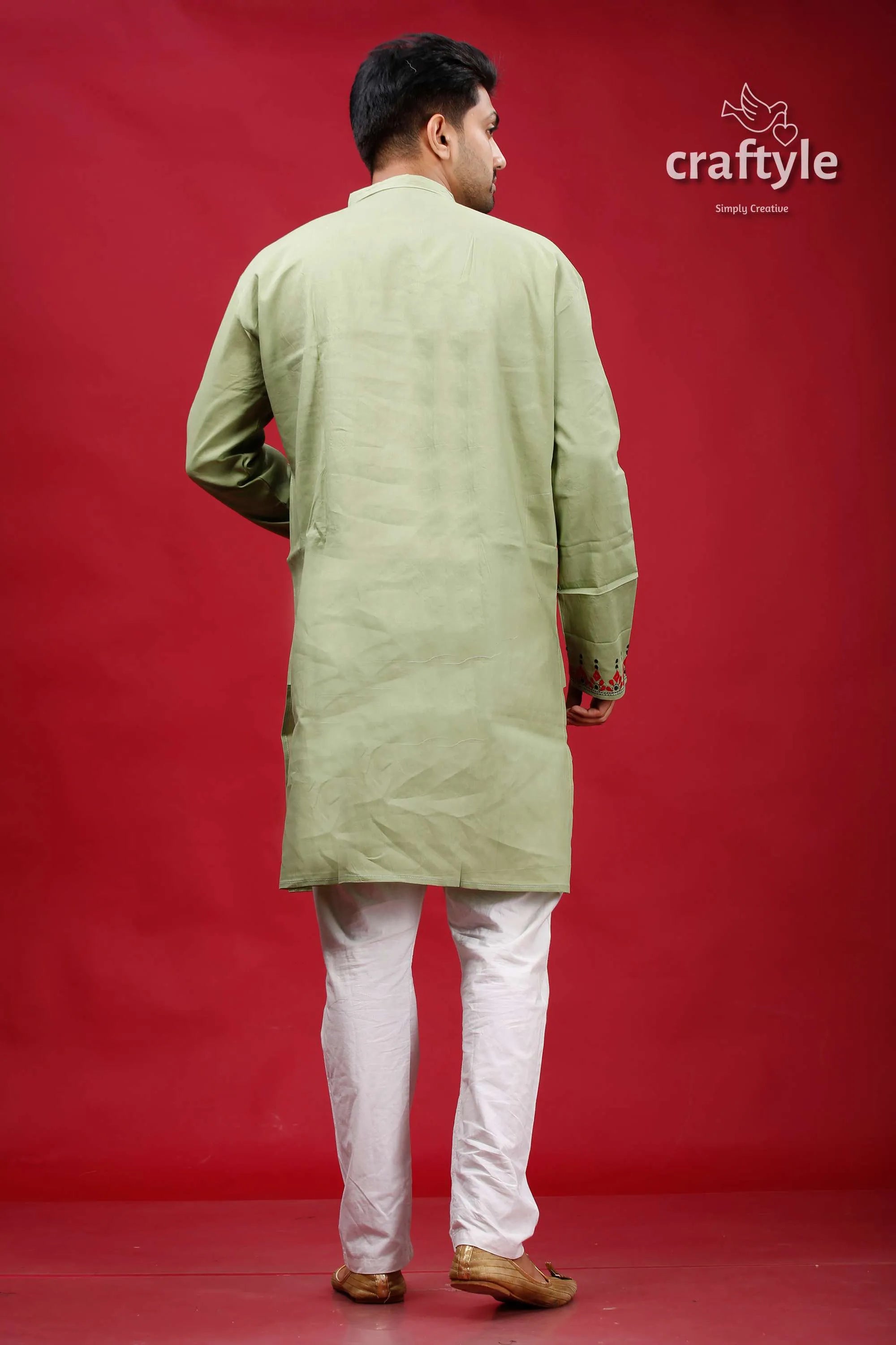 Swamp green kantha stitch cotton kurta for men man light long-sleeved 5