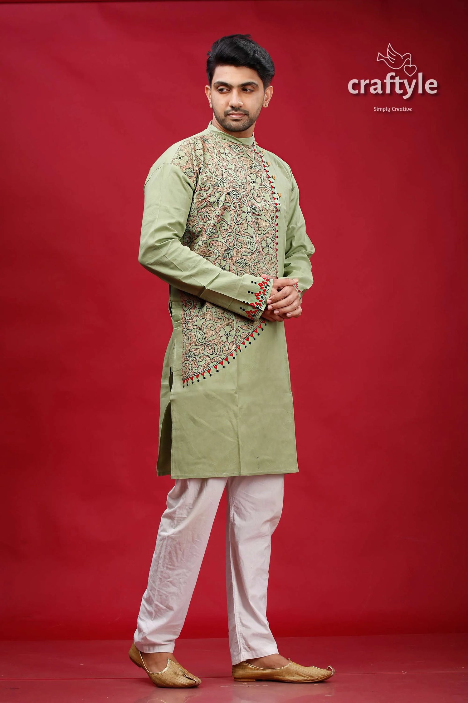 Swamp green kantha stitch cotton kurta for men light embroidered intricate 4