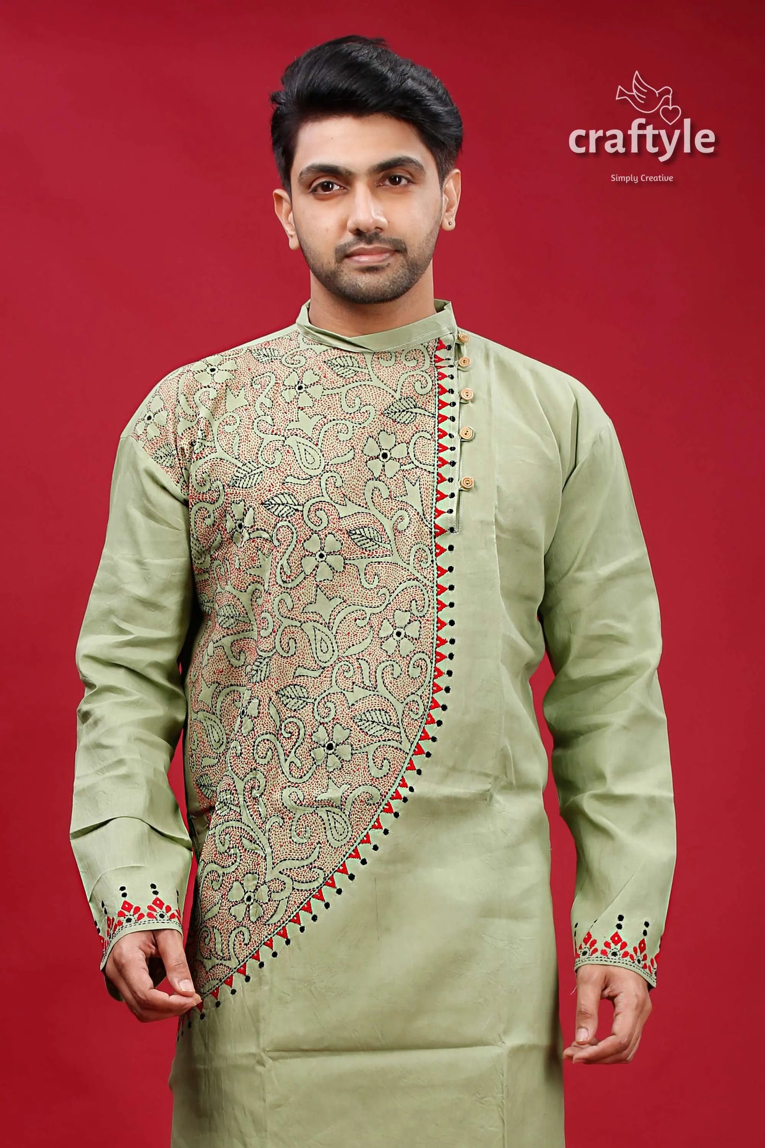 Swamp green kantha stitch cotton kurta for men sage intricate beige 2