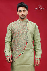 Swamp green kantha stitch cotton kurta for men sage intricate beige 2