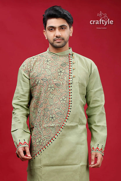 Swamp green kantha stitch cotton kurta for men sage intricate beige 2
