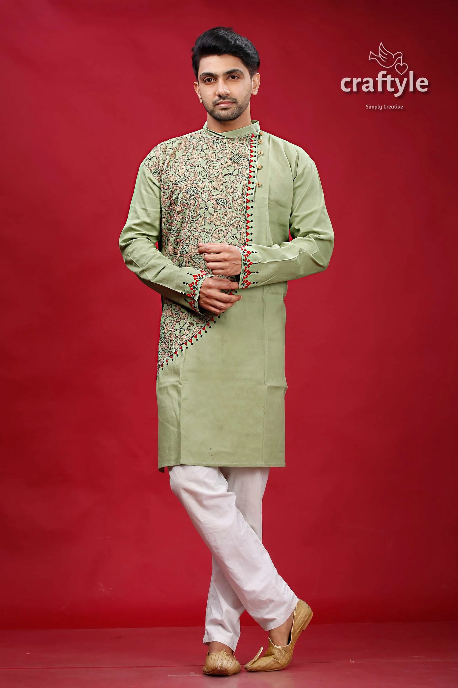 Swamp green kantha stitch cotton kurta for men light embroidered intricate 1
