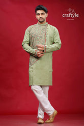 Swamp green kantha stitch cotton kurta for men light embroidered intricate 1