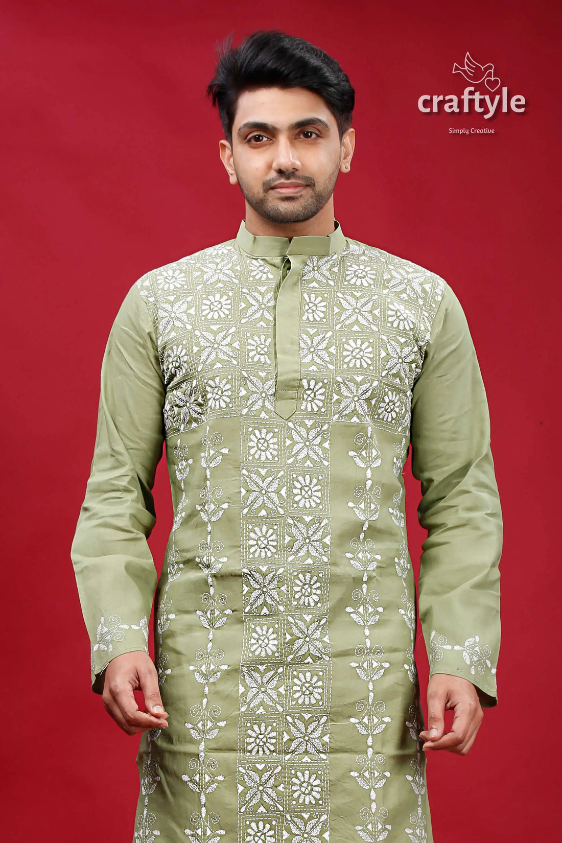 Swamp green white thread hand embroidered kantha men’s kurta green embroidered kurta 2