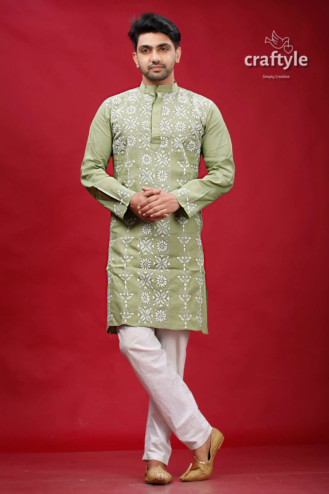 Swamp green white thread hand embroidered kantha menās kurta embroidered green kurta white pants 1