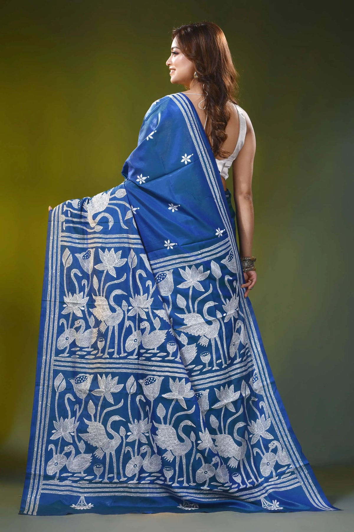 Swan lotus design cobalt blue handmade kantha silk saree 6