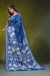 Swan lotus design cobalt blue handmade kantha silk saree 5