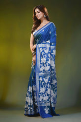 Swan lotus design cobalt blue handmade kantha silk saree 3