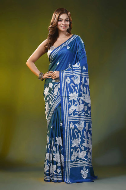 Swan lotus design cobalt blue handmade kantha silk saree 1