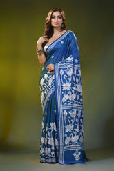 Swan lotus design cobalt blue handmade kantha silk saree 7