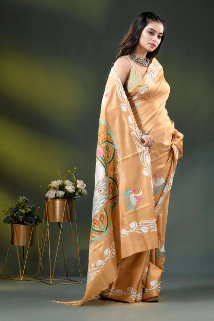 Swan motif hand embroidered silk kantha work saree design in beige 4