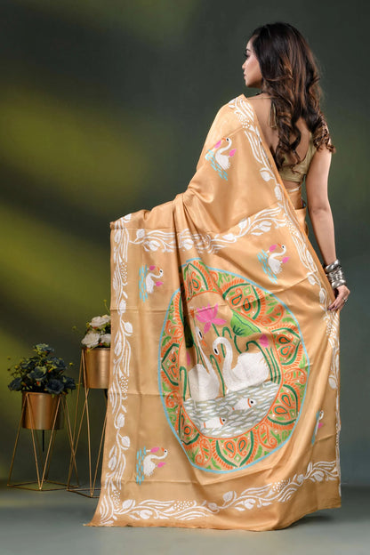 Swan motif hand embroidered silk kantha work saree design in beige 5