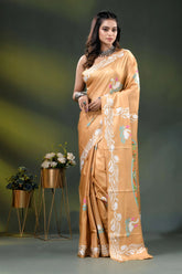 Swan motif hand embroidered silk kantha work saree design in beige 6