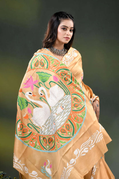 Swan motif hand embroidered silk kantha work saree design in beige 2