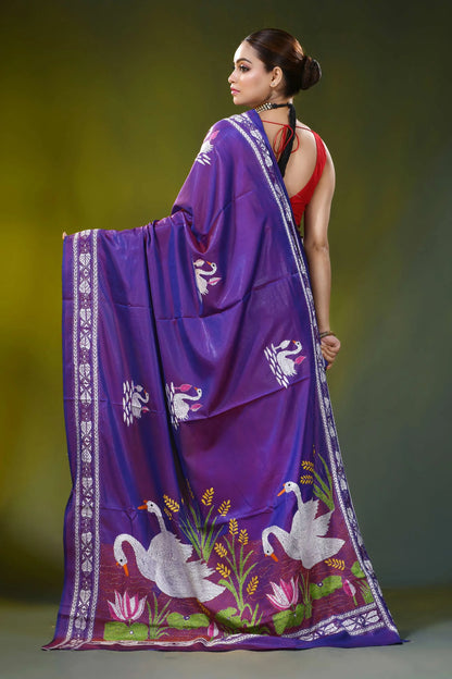 Swan motif royal purple kantha embroidery silk saree handcrafted 5
