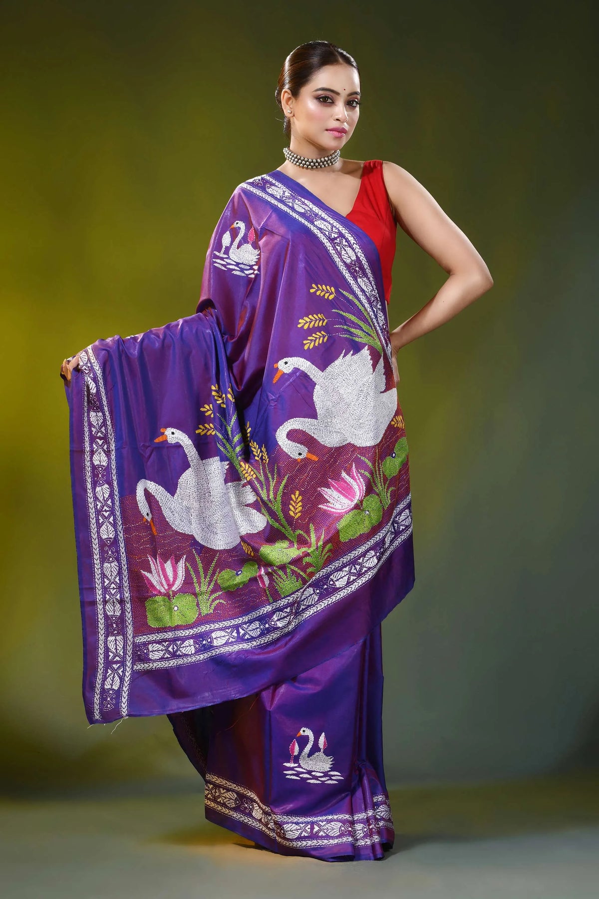 Swan motif royal purple kantha embroidery silk saree handcrafted 4