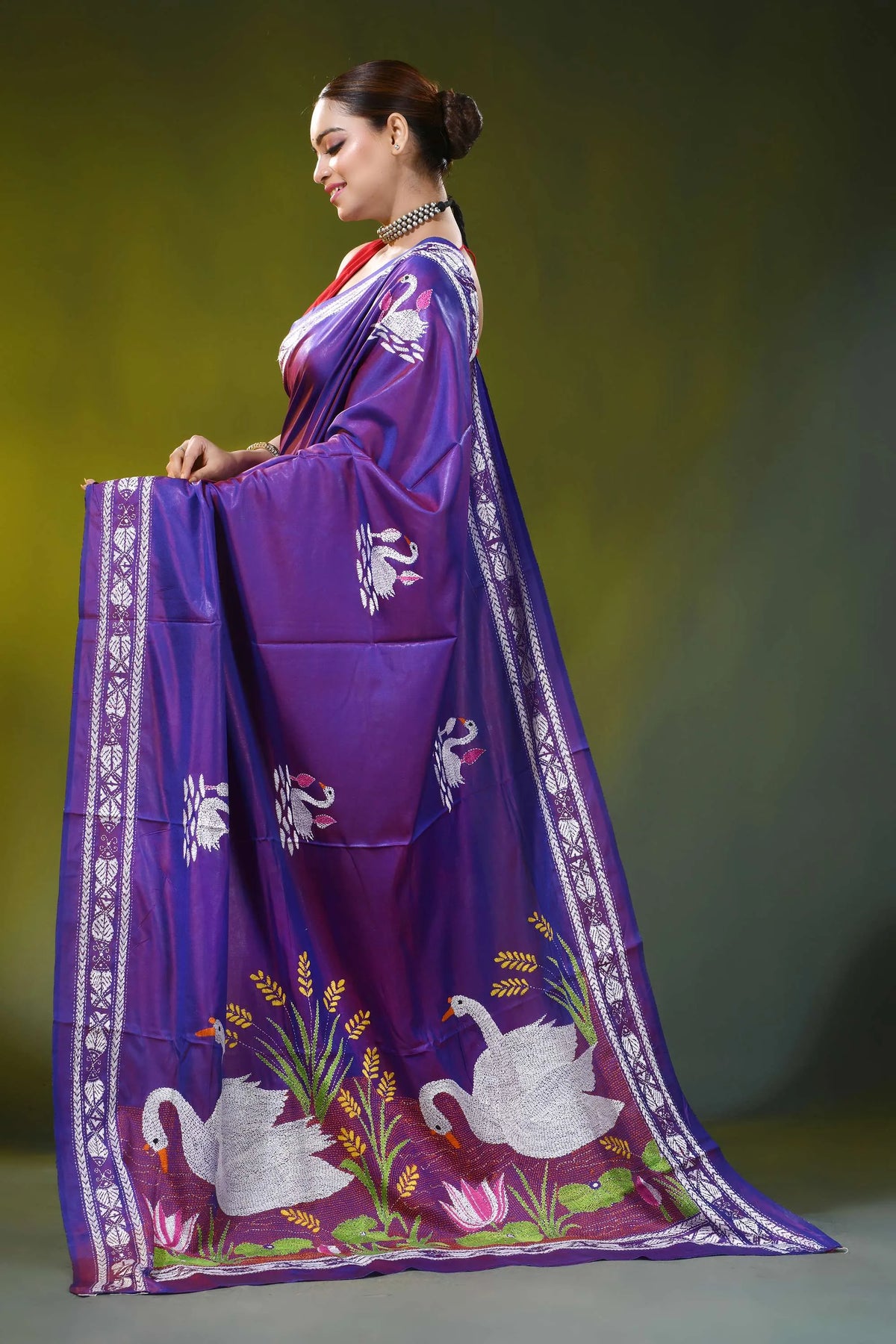 Swan motif royal purple kantha embroidery silk saree handcrafted 3