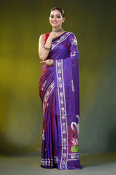 Swan motif royal purple kantha embroidery silk saree handcrafted 6
