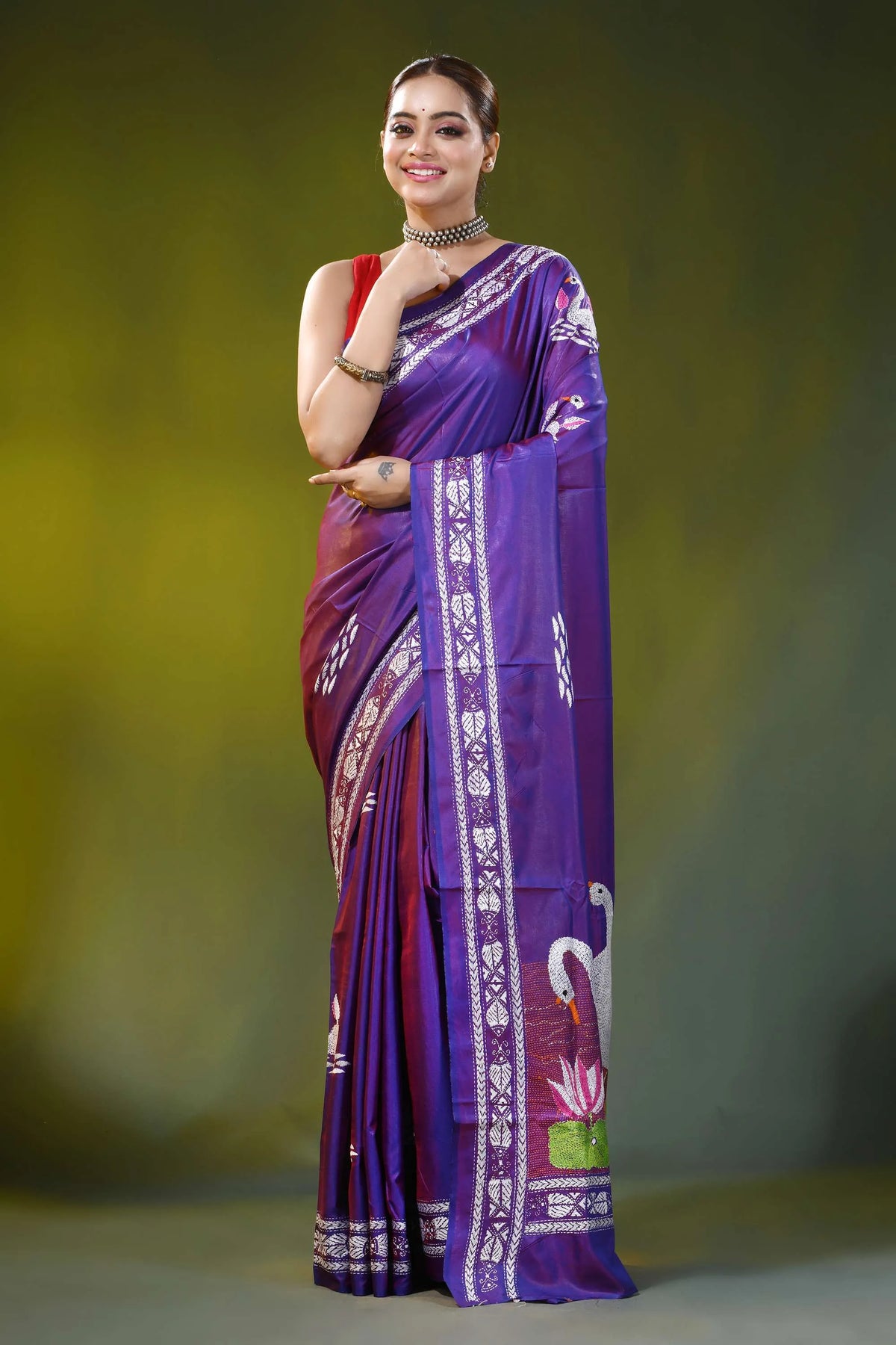 Swan motif royal purple kantha embroidery silk saree handcrafted 6
