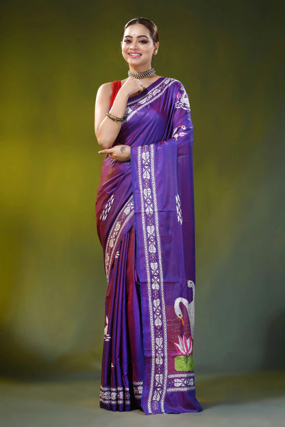 Swan motif royal purple kantha embroidery silk saree handcrafted 6