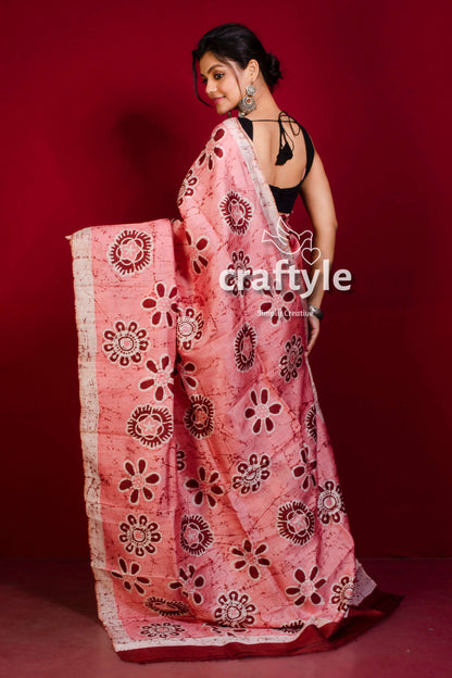 Sweet Pink Handmade Batik Mulberry Pure Silk Saree - Craftyle