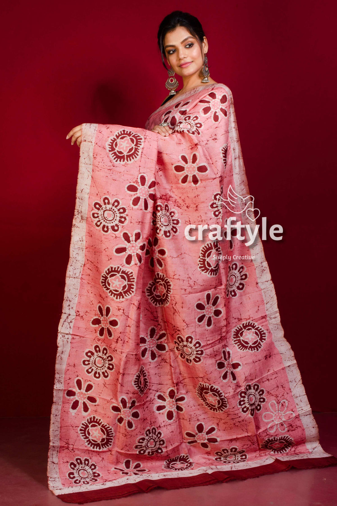 Sweet Pink Handmade Batik Murshidabad Pure Silk Saree-Craftyle
