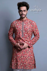 Syrup Brown Kalamkari Mens Kurta Pajama - Craftyle